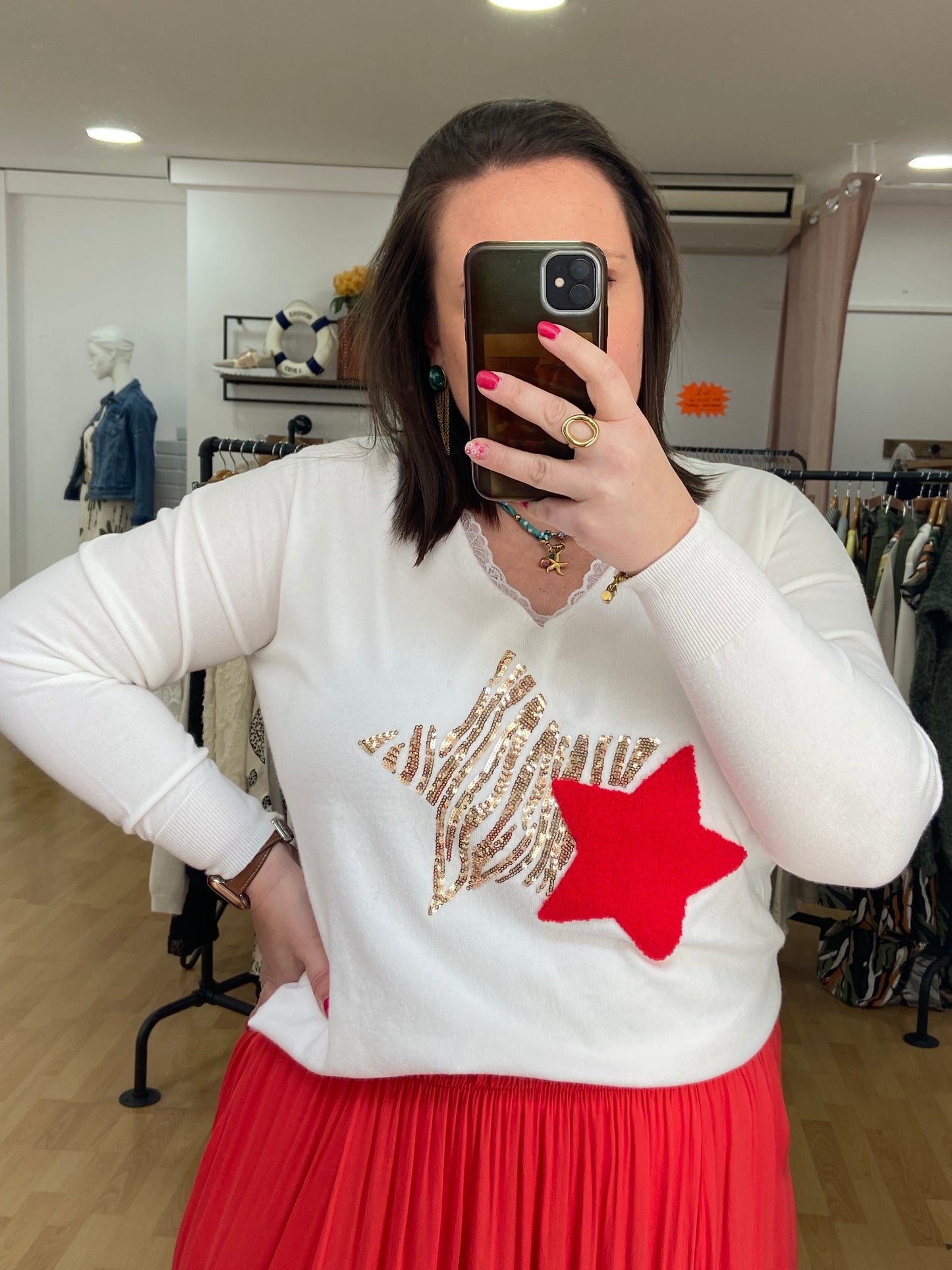 Pull rouge ÉTOILE DORÉE