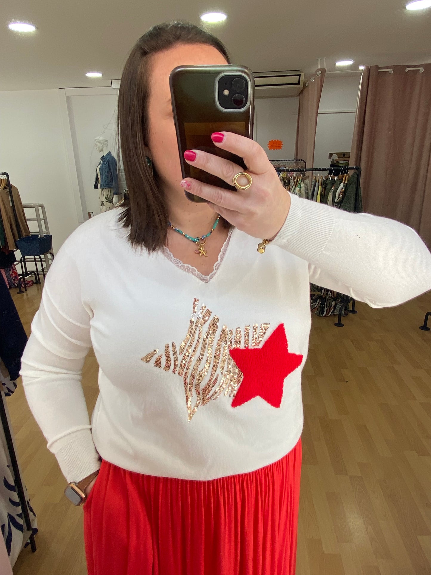 Pull rouge ÉTOILE DORÉE